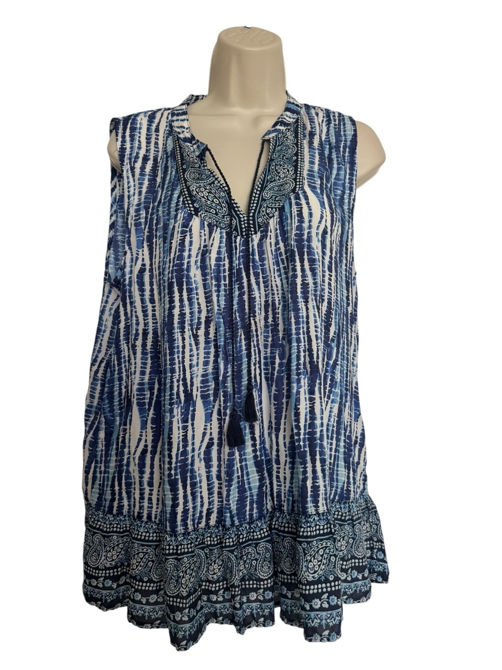 Beach Lunch Lounge Collection Blue & White Sleeveless Boho Tunic Top Sz Small